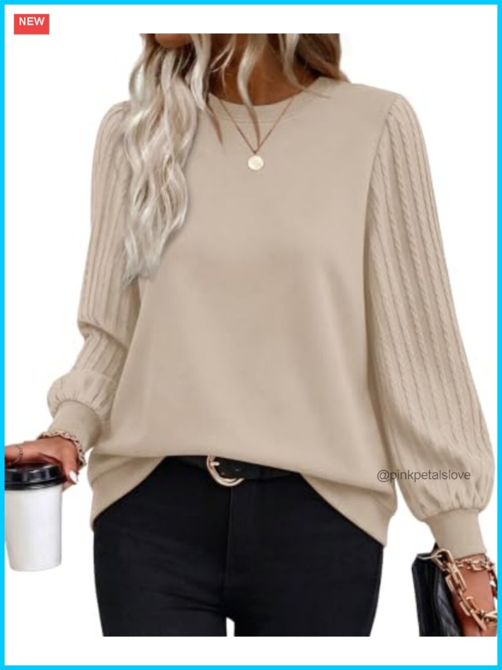 Womens Oversized Crewneck Sweatshirt Long Sleeve Cable Knit Sleeve Pullover